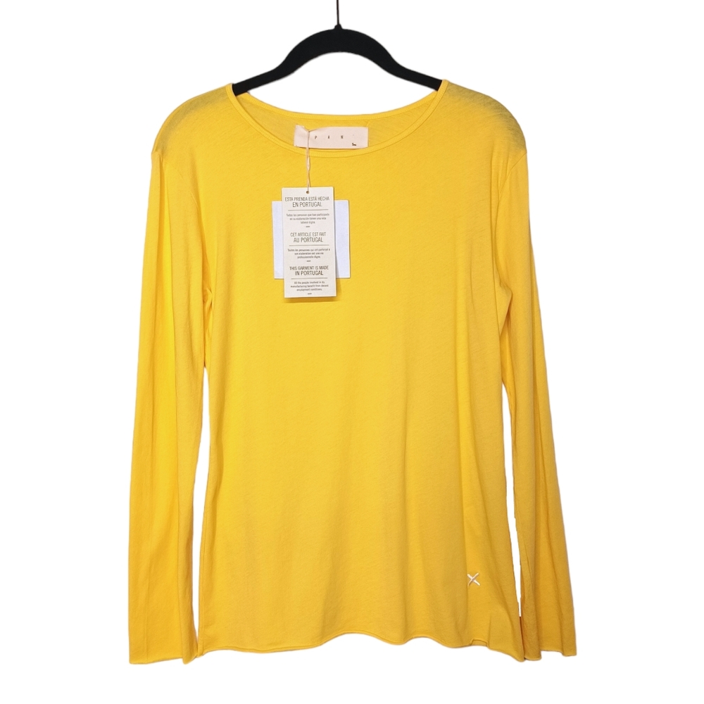 PAN Scoop Neck Long Sleeve Basic Casual Yellow Stretchy Cotton Top Small NWT